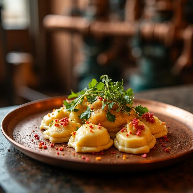 Nowoczesne pierogi na tle miedzianych kół zębatych